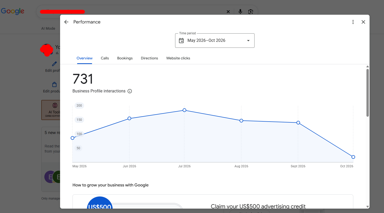 Google Business Profile interactions May to Oct 2026